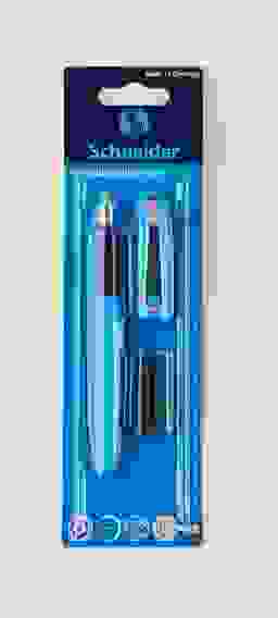 Ручка перьевая Schneider "Wavy A" синяя, 2 картриджа, грип, корпус голубой, блистер