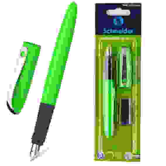 Ручка перьевая Schneider "Wavy A" синяя, 2 картриджа, грип, корпус зеленый, блистер